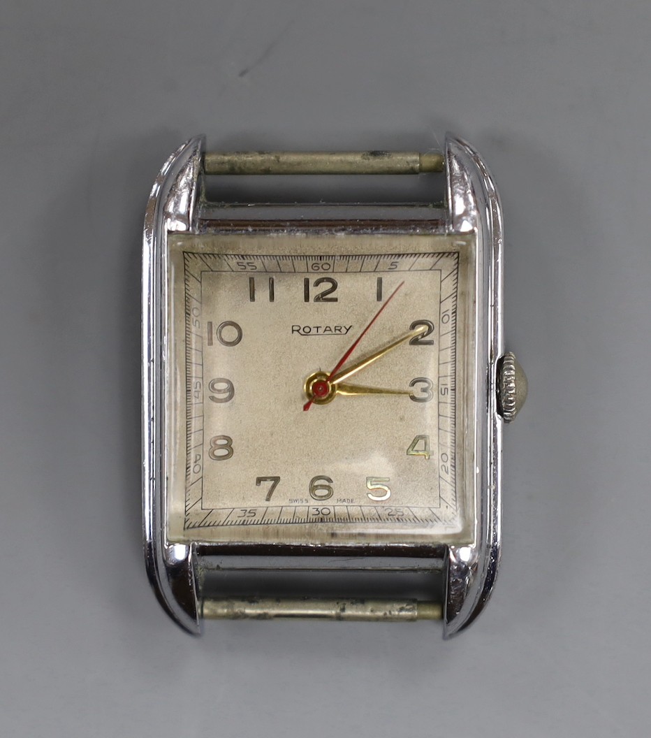 A gentleman's steel Rotary manual wind rectangular wrist watch, with Arabic dial, no strap, case diameter 28mm.